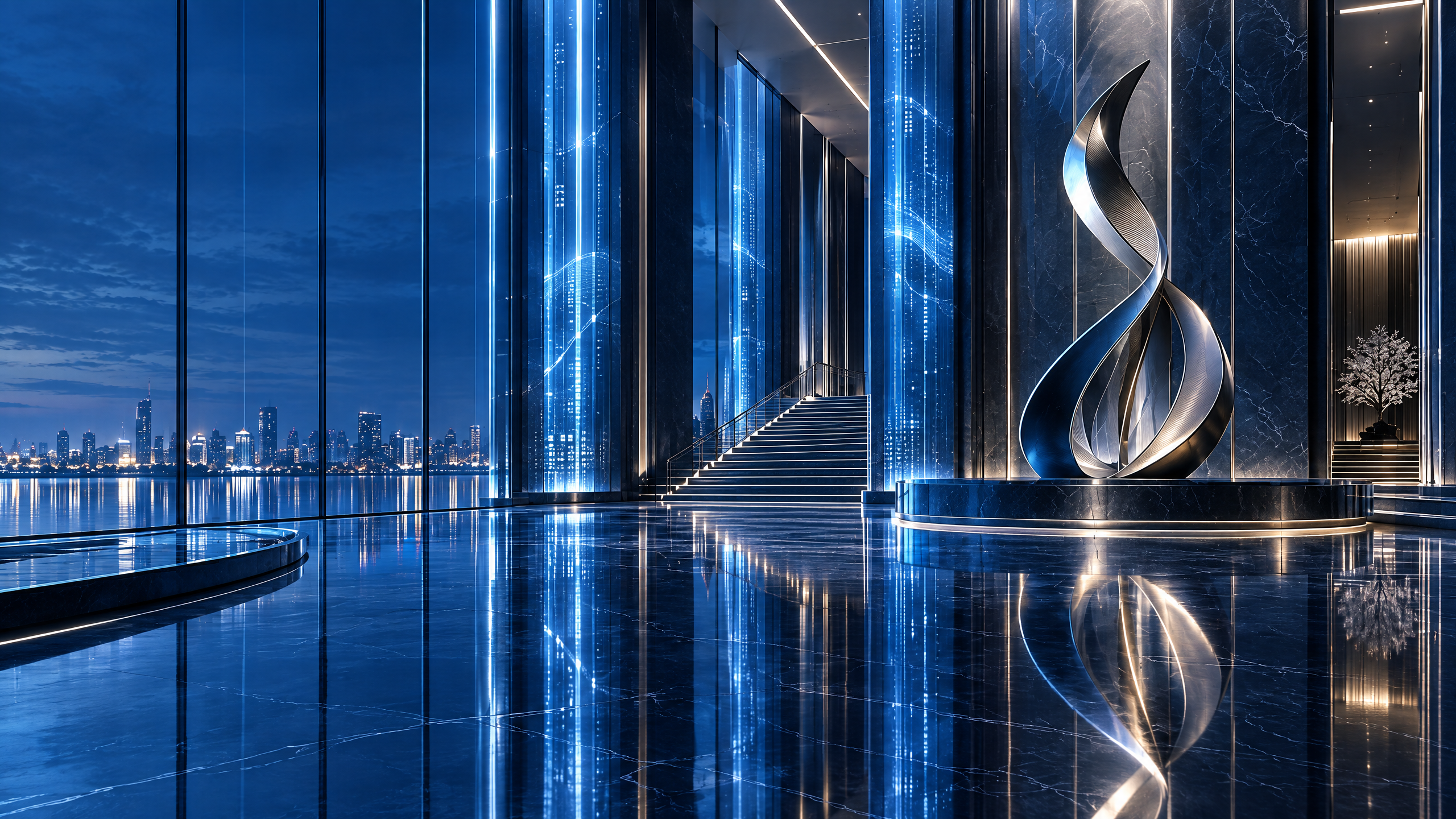 A monumental civic archive illuminated in deep sapphire