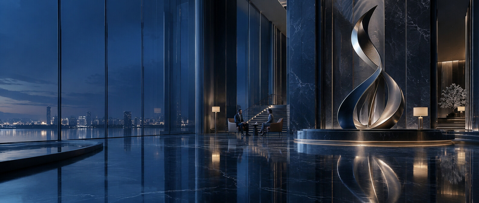 A fictional attorney and client in quiet conversation within a warmly lit contemporary legal interior